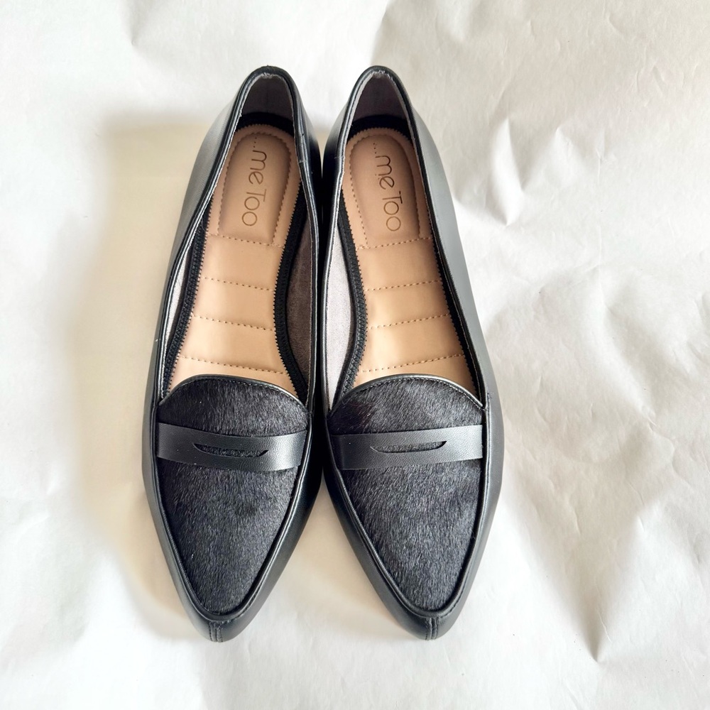 ME TOO Aliva Penny Loafer Pointed Toe Faux Fur & Leather Black Women's Size 7.5